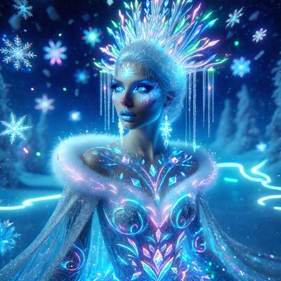 The primary subject of the image is a woman dressed in a blue and purple outfit, wearing a crown of snowflakes on her head. She is standing in front of a backdrop of a snowy landscape. The visual style of the image is digital art, with the woman's outfit and the snowflakes on her head being the main focus of the composition. The colors and mood of the image are predominantly blue and purple, creating a sense of coldness and beauty.